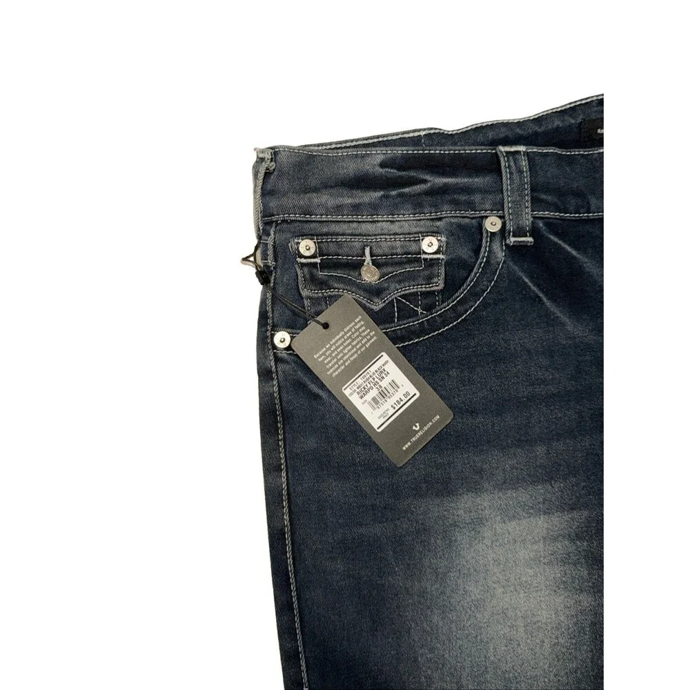 True Religion Embroidered Back Flap Pockets Straight Sz 38x34 Dark Blue Denim